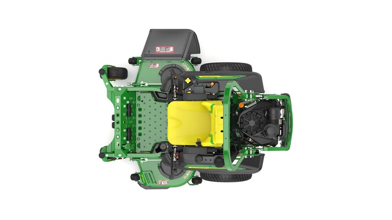 Top view of a green and yellow riding mower with roll bar, large rear wheels, and various control