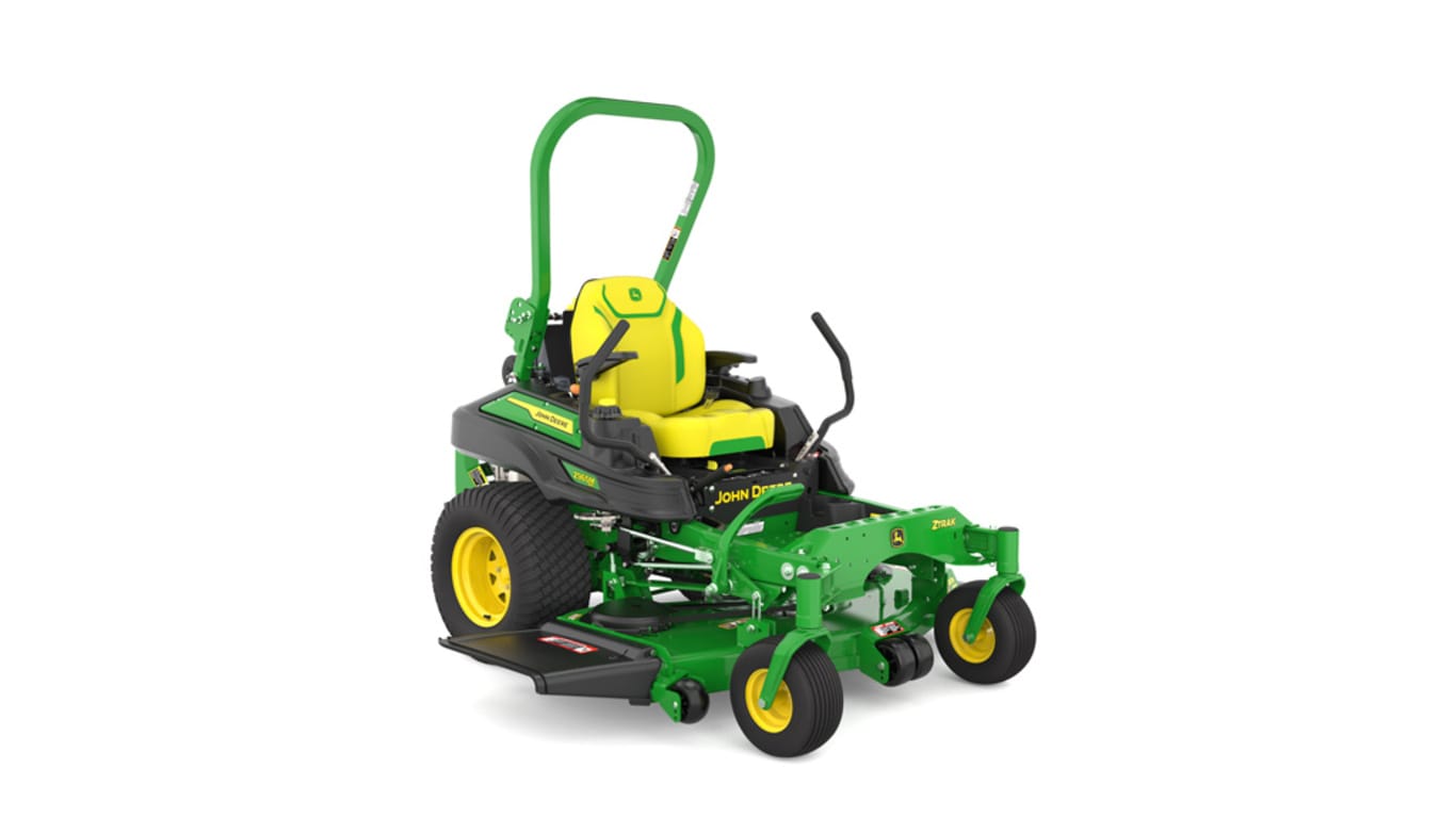 Front-right view of a green riding lawn mower with a yellow seat, black wheels, and various controls.
