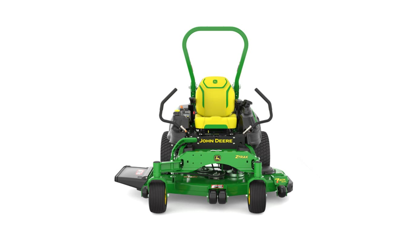 Front view of a green riding lawn mower with a yellow seat, black wheels, and various controls.
