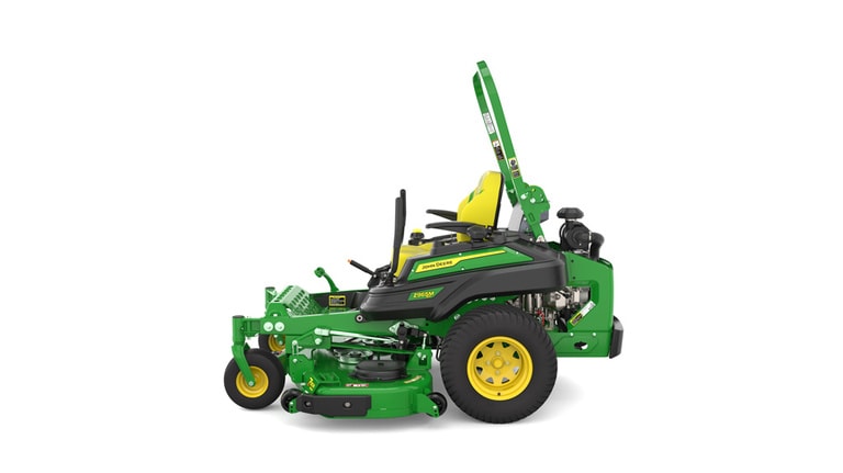 Left-side view of a green riding lawn mower with a yellow seat, black wheels, and various controls.