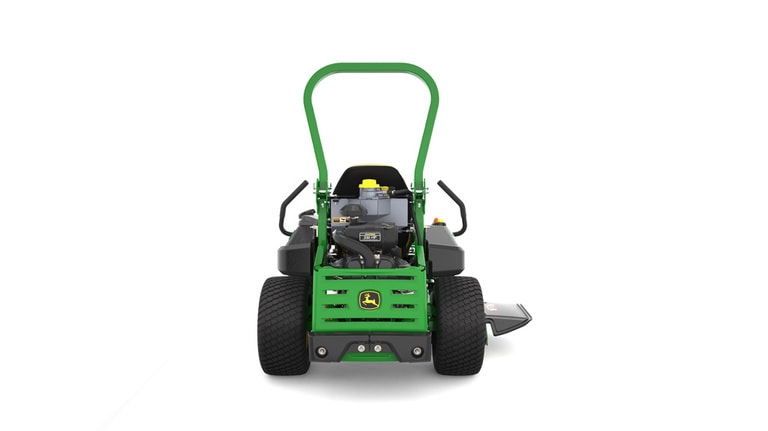 Rear view of a green riding lawn mower with a yellow seat, black wheels, and various controls.