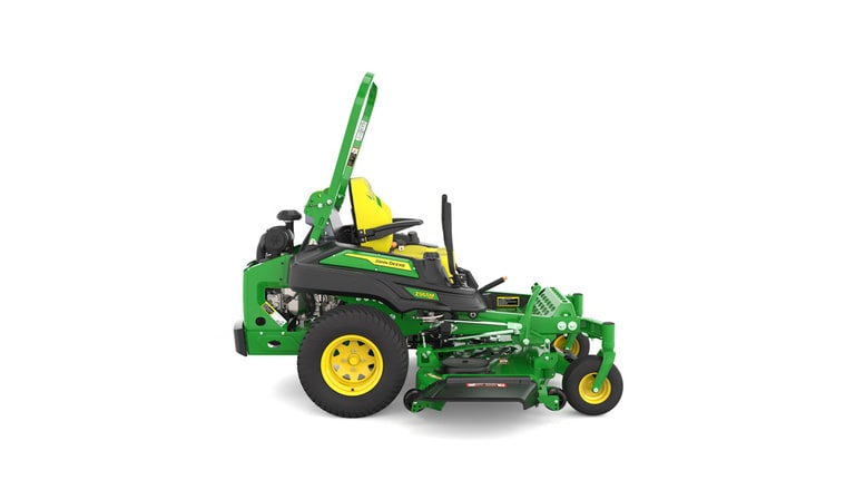 Right-side view of a green riding lawn mower with a yellow seat, black wheels, and various controls.