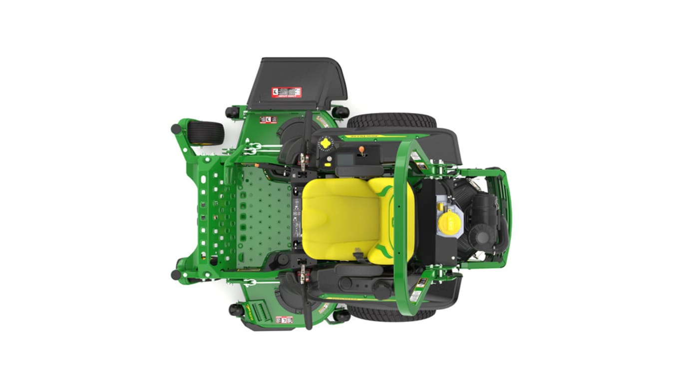 Top view of a green riding lawn mower with a yellow seat, black wheels, and various controls.