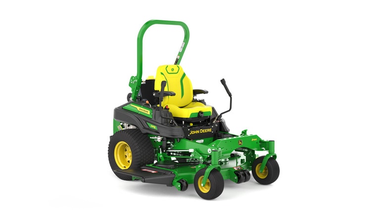 Front-right view of a green riding lawn mower with a yellow seat, black wheels, and various controls.