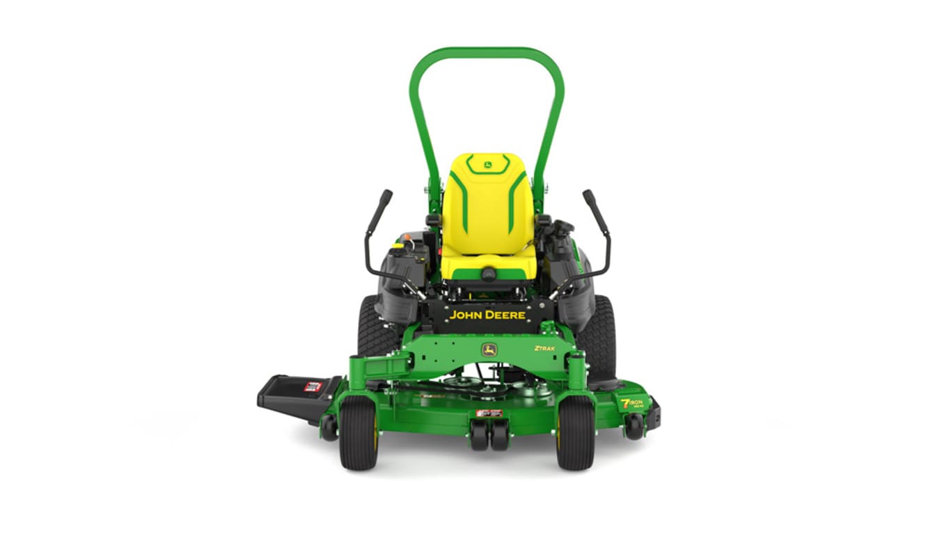 Front view of a green riding lawn mower with a yellow seat, black wheels, and various controls.