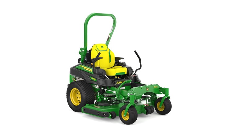 front-right view of a green riding lawn mower with a yellow seat, black wheels, and various controls.