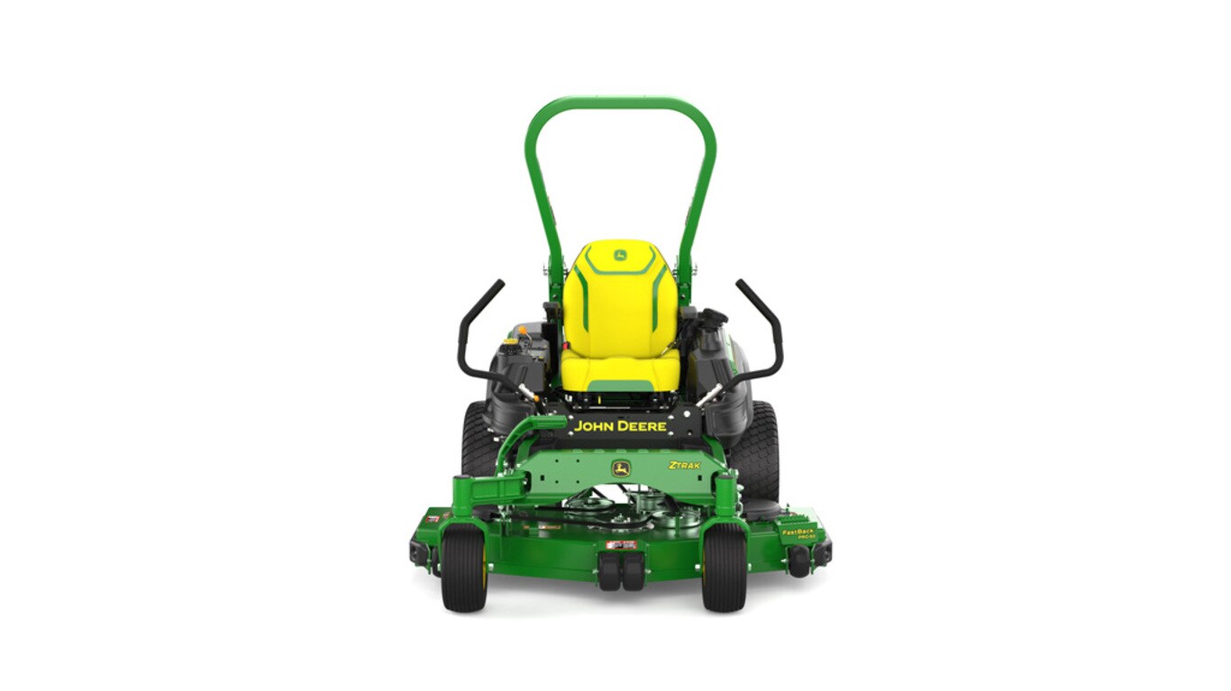 front view of a green riding lawn mower with a yellow seat, black wheels, and various controls.