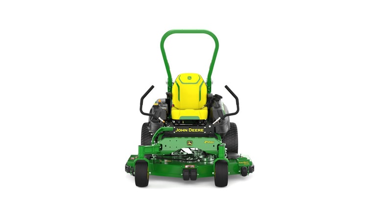 front view of a green riding lawn mower with a yellow seat, black wheels, and various controls.