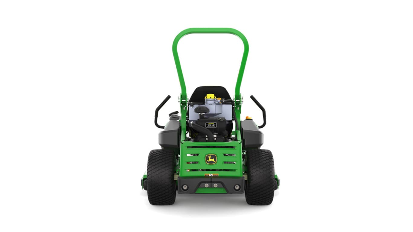 Rear view of a green riding lawn mower with a yellow seat, black wheels, and various controls.