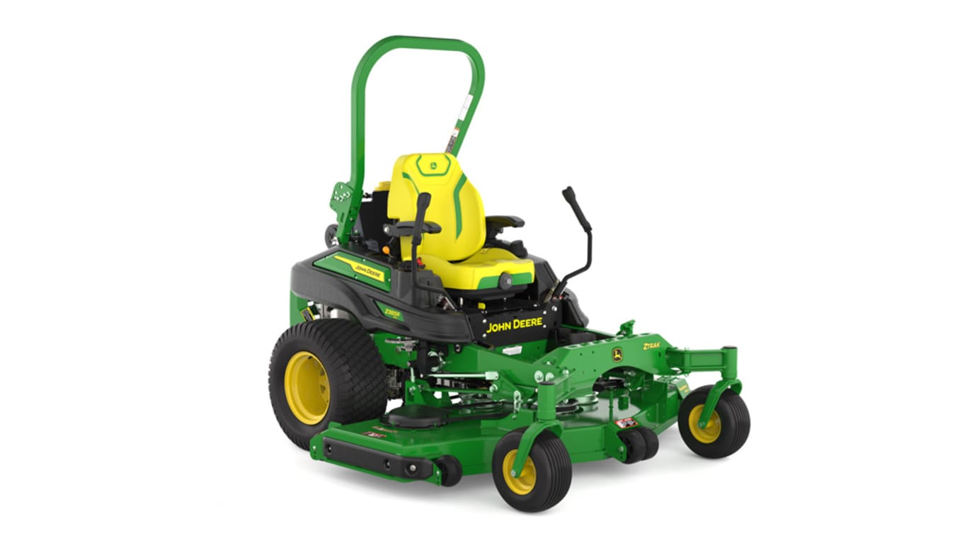 Front-right view of a green and yellow riding mower with roll bar, large rear wheels, and various controls