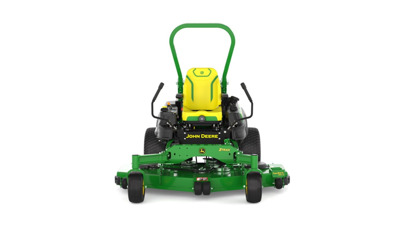 Front view of a green and yellow riding mower with roll bar, large rear wheels, and various controls
