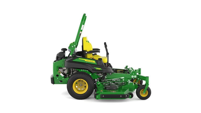 Right-side view of a green and yellow riding mower with roll bar, large rear wheels, and various controls