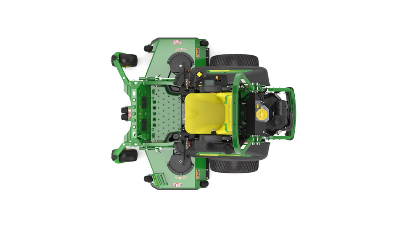 Top view of a green riding lawn mower with a yellow seat, black wheels, and various controls.