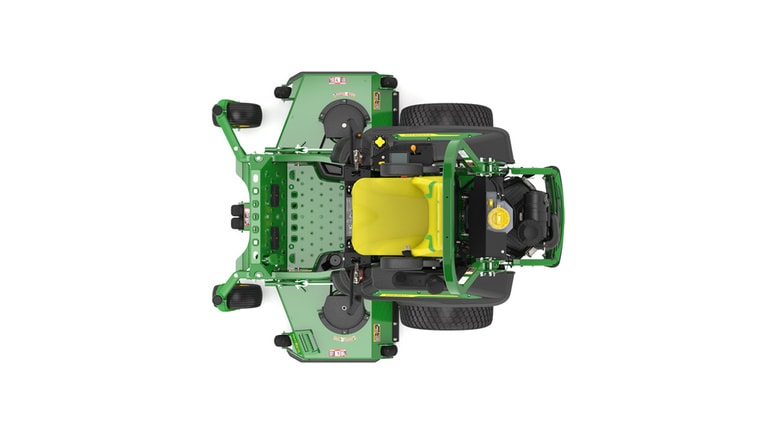 Top view of a green riding lawn mower with a yellow seat, black wheels, and various controls.