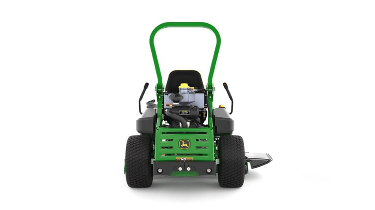Rear view of a green riding lawn mower with a yellow seat, black wheels, and various controls.
