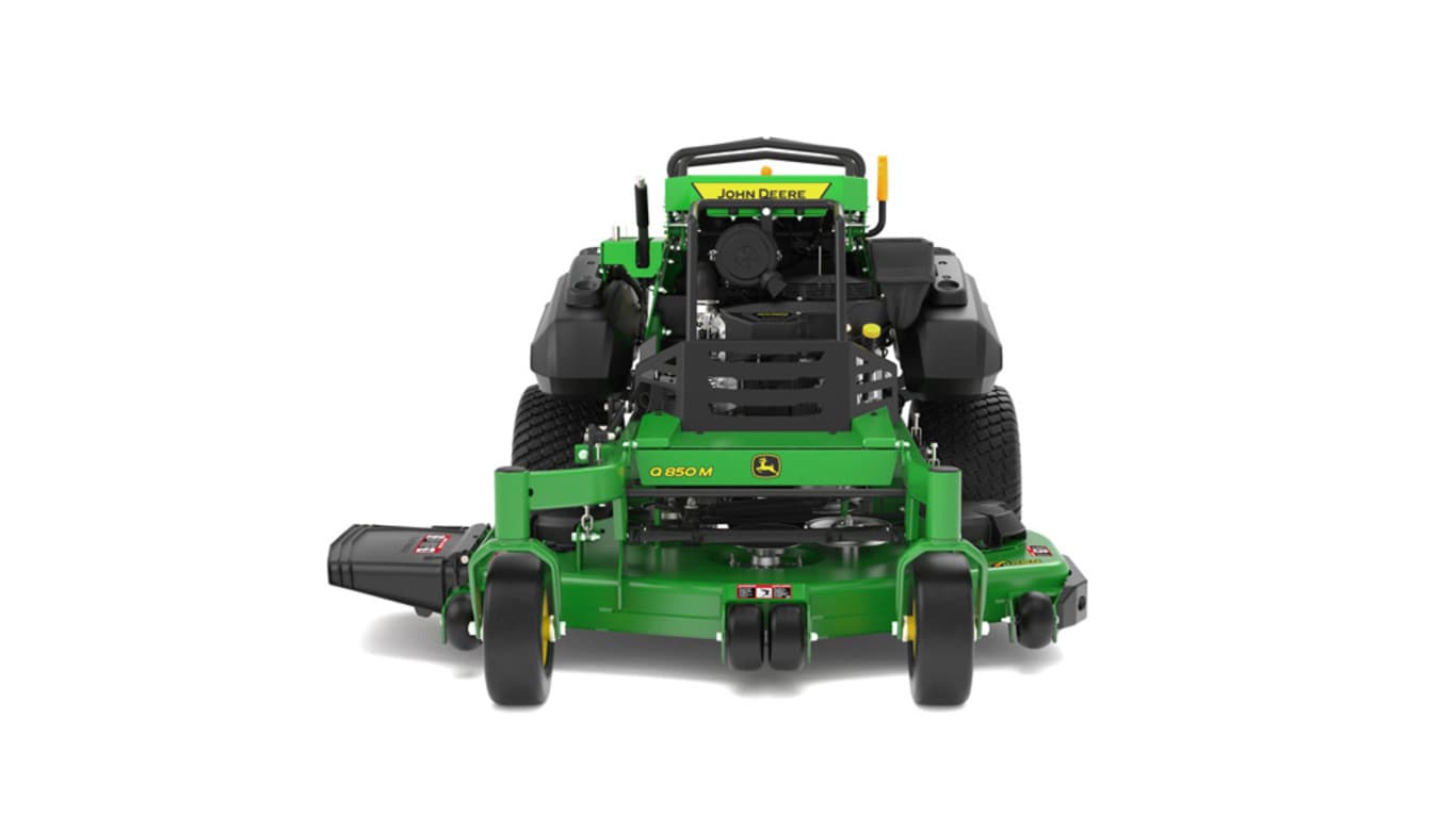 A front-facing studio shot of a green and yellow standing mower on a white background.