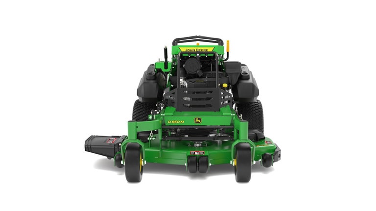 A front-facing studio shot of a green and yellow standing mower on a white background.