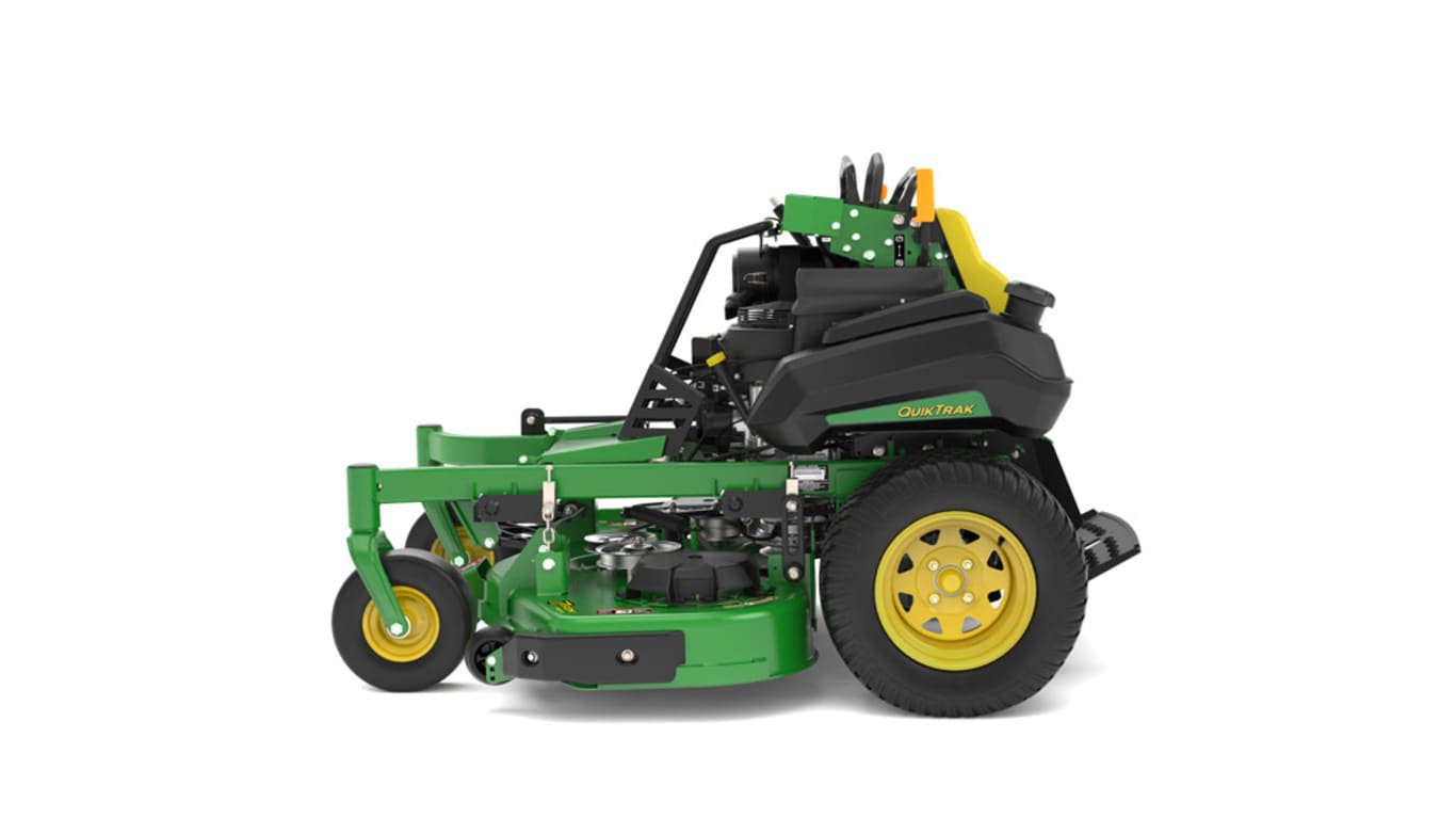 A left-facing studio shot of a green and yellow standing mower on a white background.