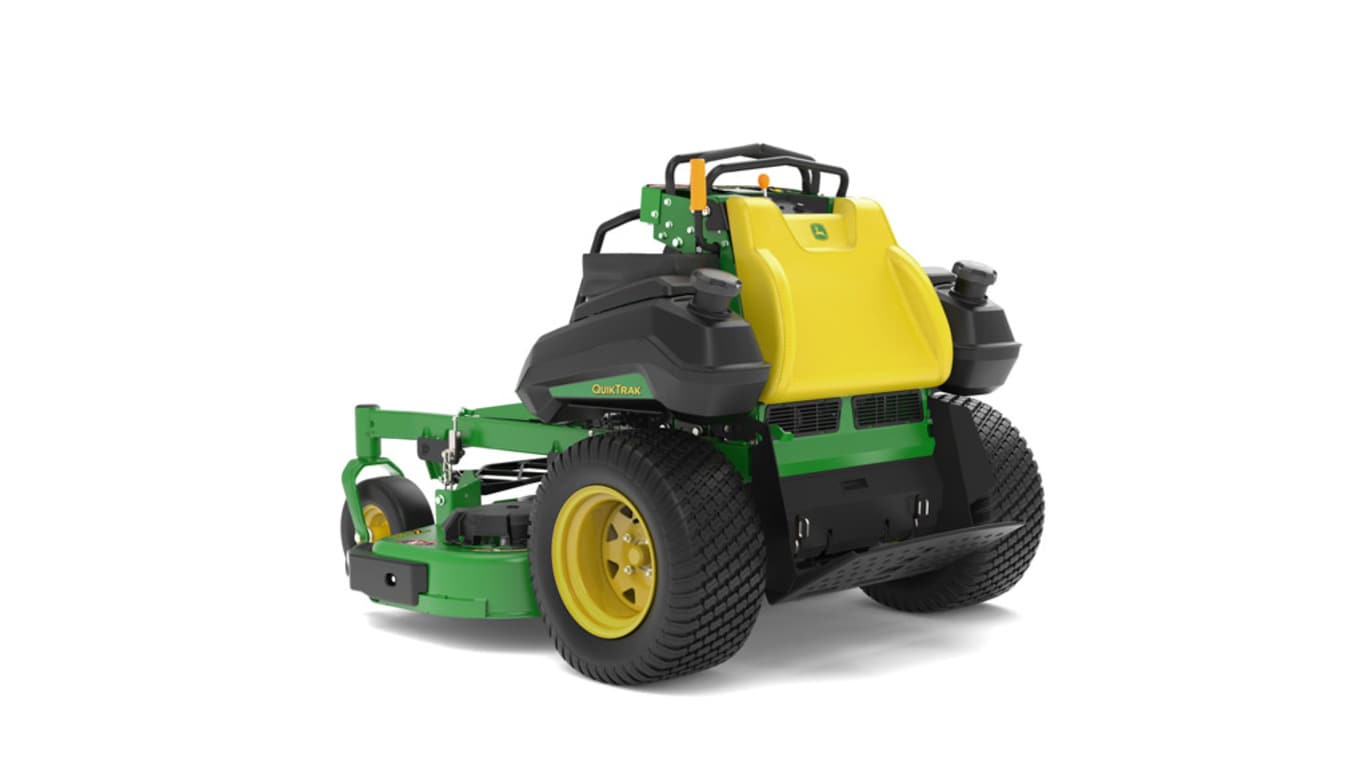 A rear-left-facing studio shot of a green and yellow standing mower on a white background.