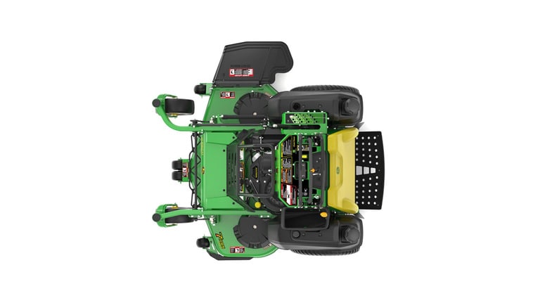 A top-facing studio shot of a green and yellow standing mower on a white background.
