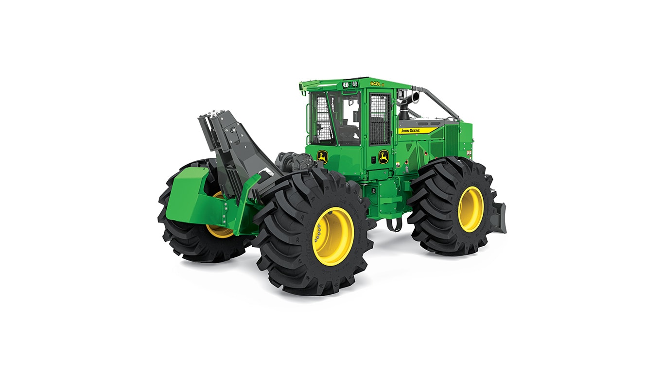 Débardeuse forestière John Deere verte et jaune avec de gros pneus et un accessoire de pince à l’arrière.