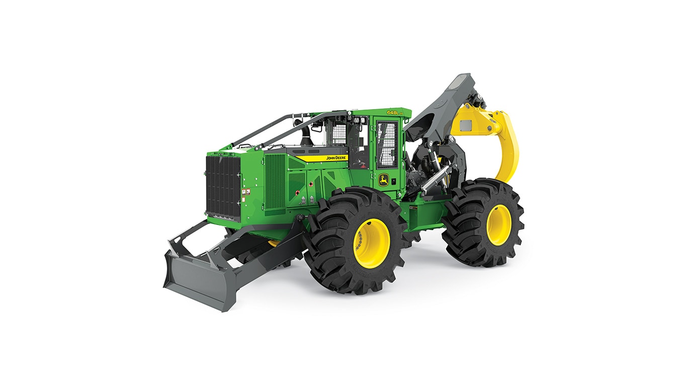 Machine forestière John Deere verte et jaune avec de gros pneus et un accessoire de pince à l’avant.