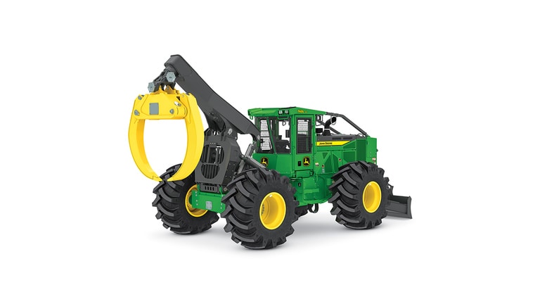 Machine forestière verte et jaune avec de gros pneus et une pince pour la manutention des grumes.