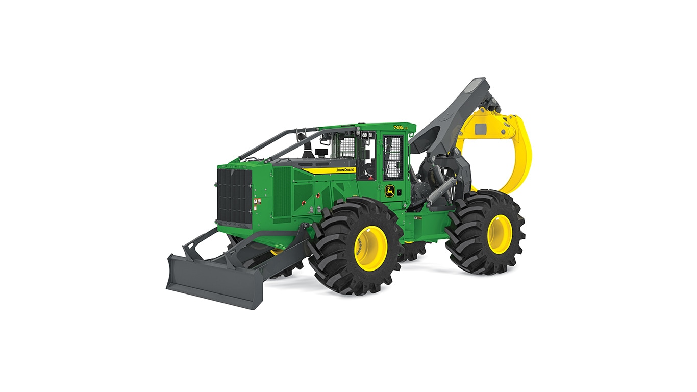 Machine forestière verte et jaune avec de gros pneus et une pince à l’arrière.