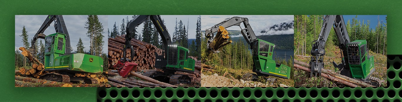 Image en collage des machines John Deere swing travaillant dans les bois.
