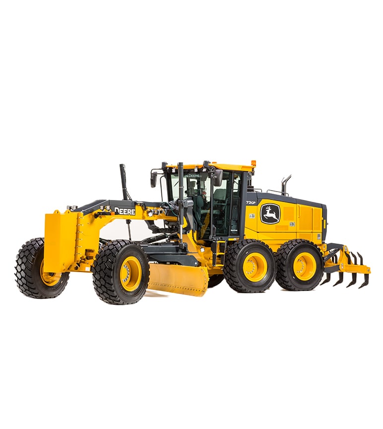 Niveleuse automotrice John Deere 772G jaune et noire avec pneus larges et équipement de lame avant.
