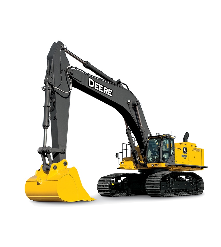 Excavatrice jaune et noire avec « DEERE » sur le bras, dotée d'une grande benne et de chenilles.
