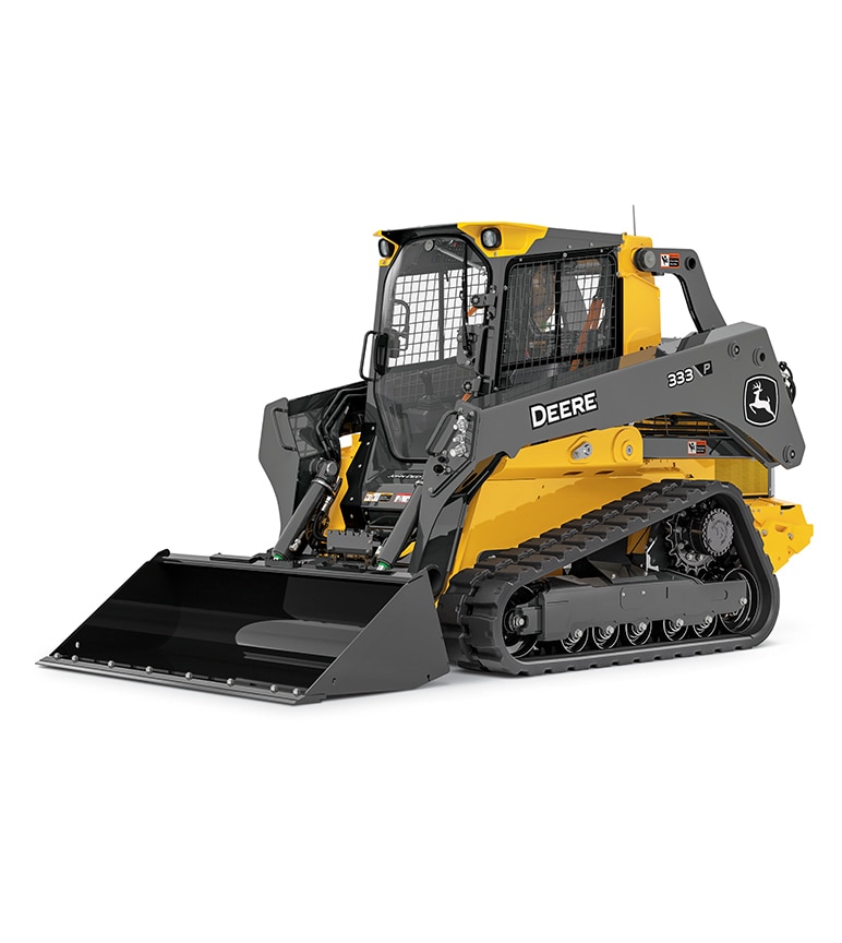 Chargeur compact à chenilles John Deere 333G jaune et noir avec équipement de benne avant.
