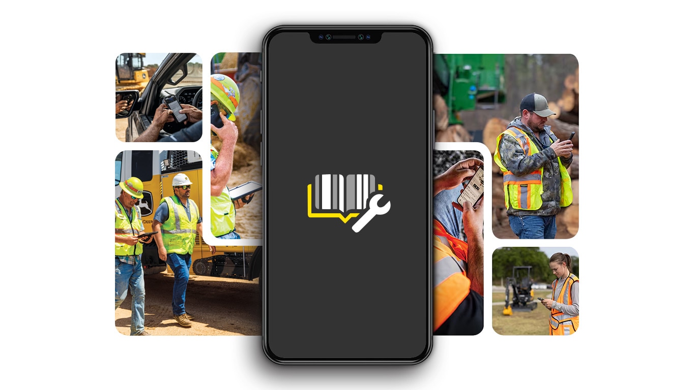 Visualisation de l’application Equipment Mobile sur un téléphone cellulaire avec des prises de vue des travailleurs sur le terrain derrière