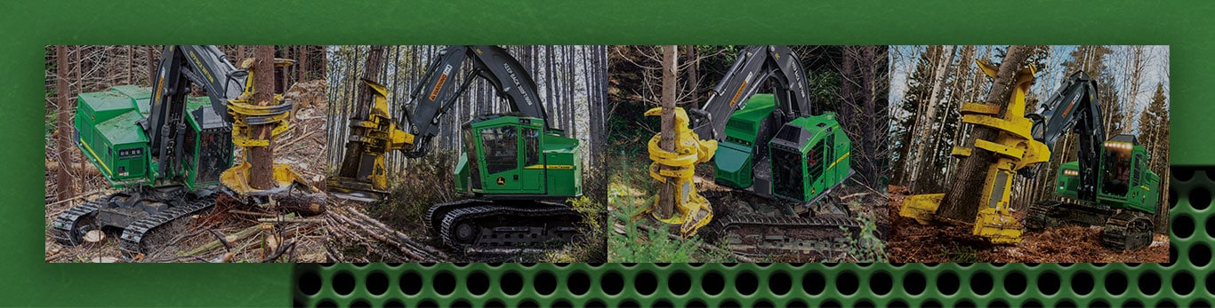 Image collage de r&eacute;colteuses sur chenilles John Deere travaillant dans les bois.