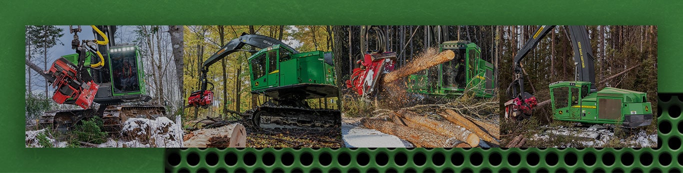 Image en collage d'une récolteuse sur chenilles John Deere travaillant dans les bois.