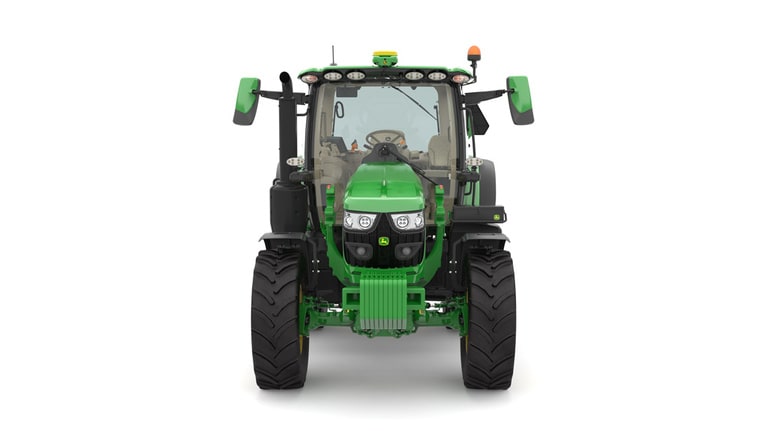 Studio image of the front side view of a green 6R 110 Utility Tractor.