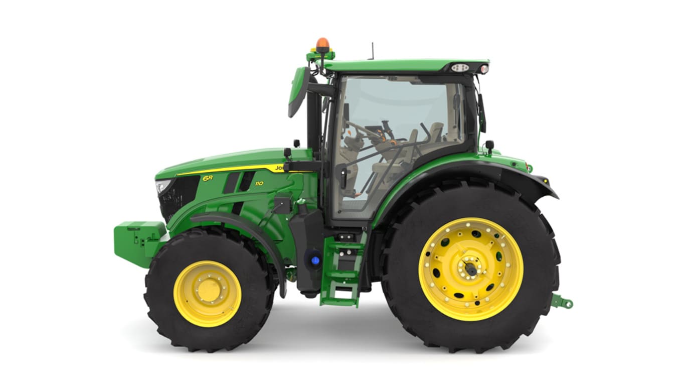 Studio image of the left side view of a green 6R 110 Utility Tractor.