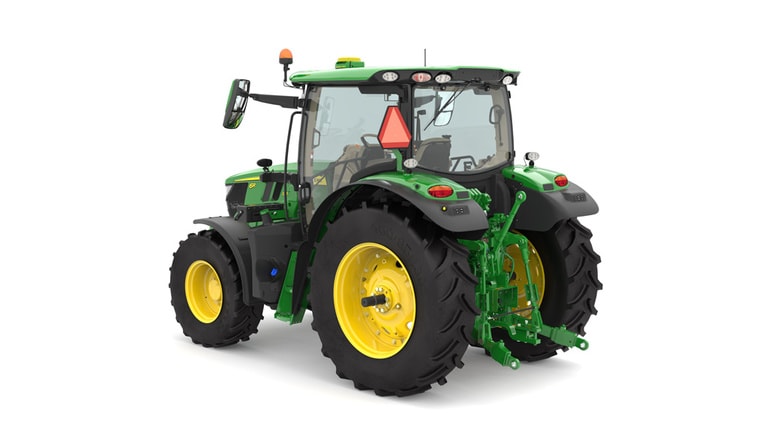 Studio image of the rear left side view of a green 6R 110 Utility Tractor.