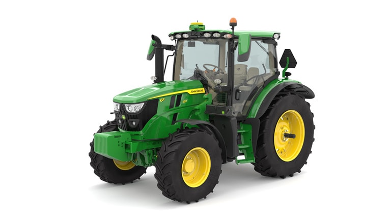 Studio image of the front left side view of a green 6R 120 Utility Tractor.