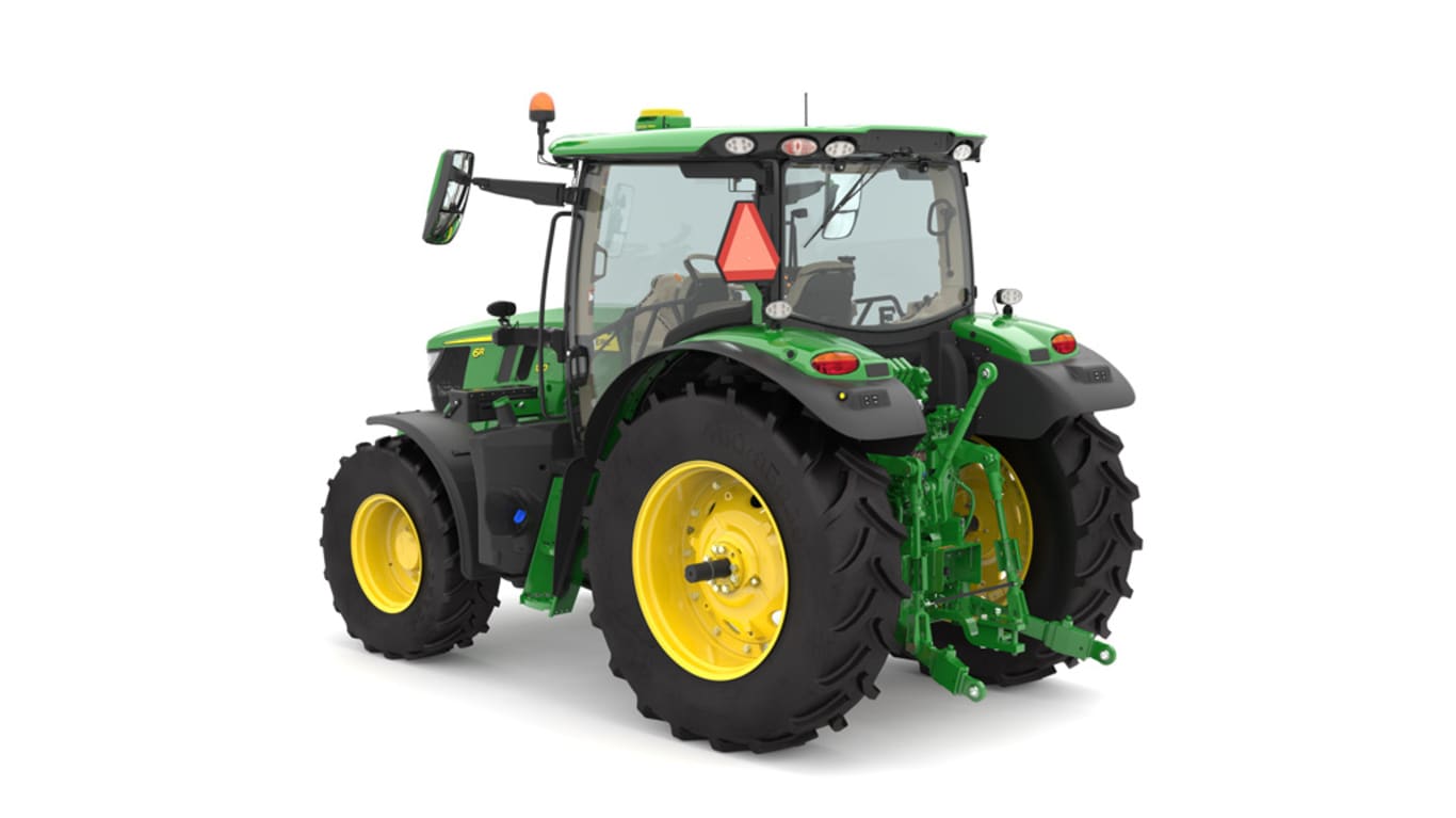 Studio image of the rear left side view of a green 6R 120 Utility Tractor.