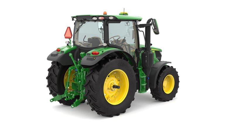 Studio image of the rear right side view of a green 6R 120 Utility Tractor.