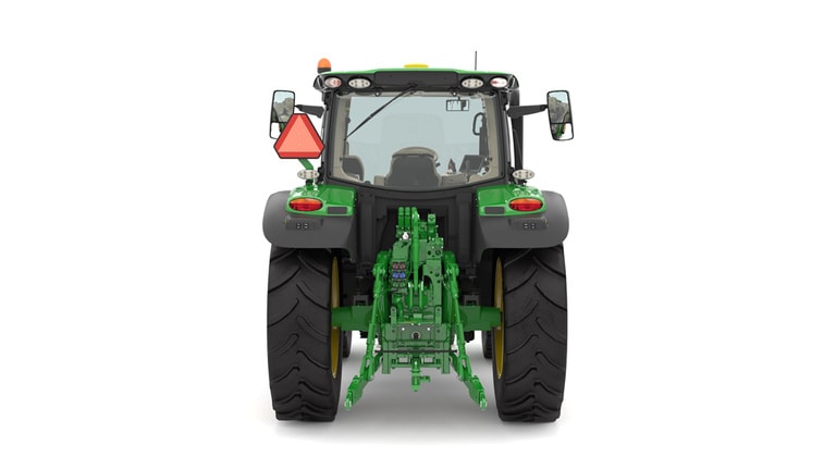 Studio image of the rear side view of a green 6R 120 Utility Tractor.