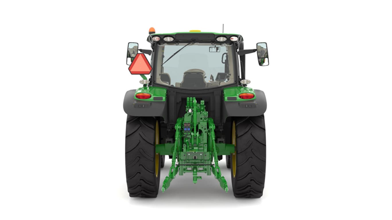 Studio image of the right side view of a green 6R 130 Utility Tractor.
