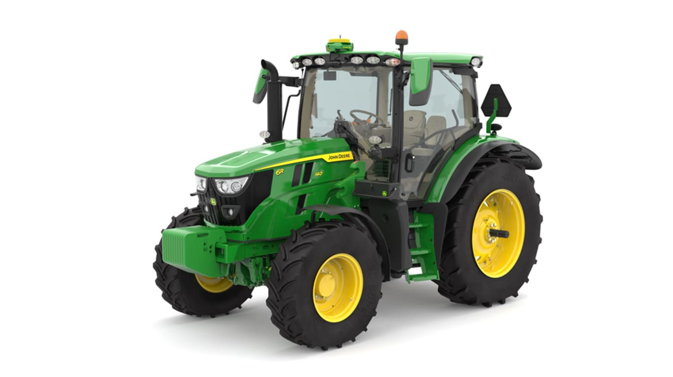 Image prise en studio vu de l'avant gauche d'un tracteur utilitaire 6R 140 vert.