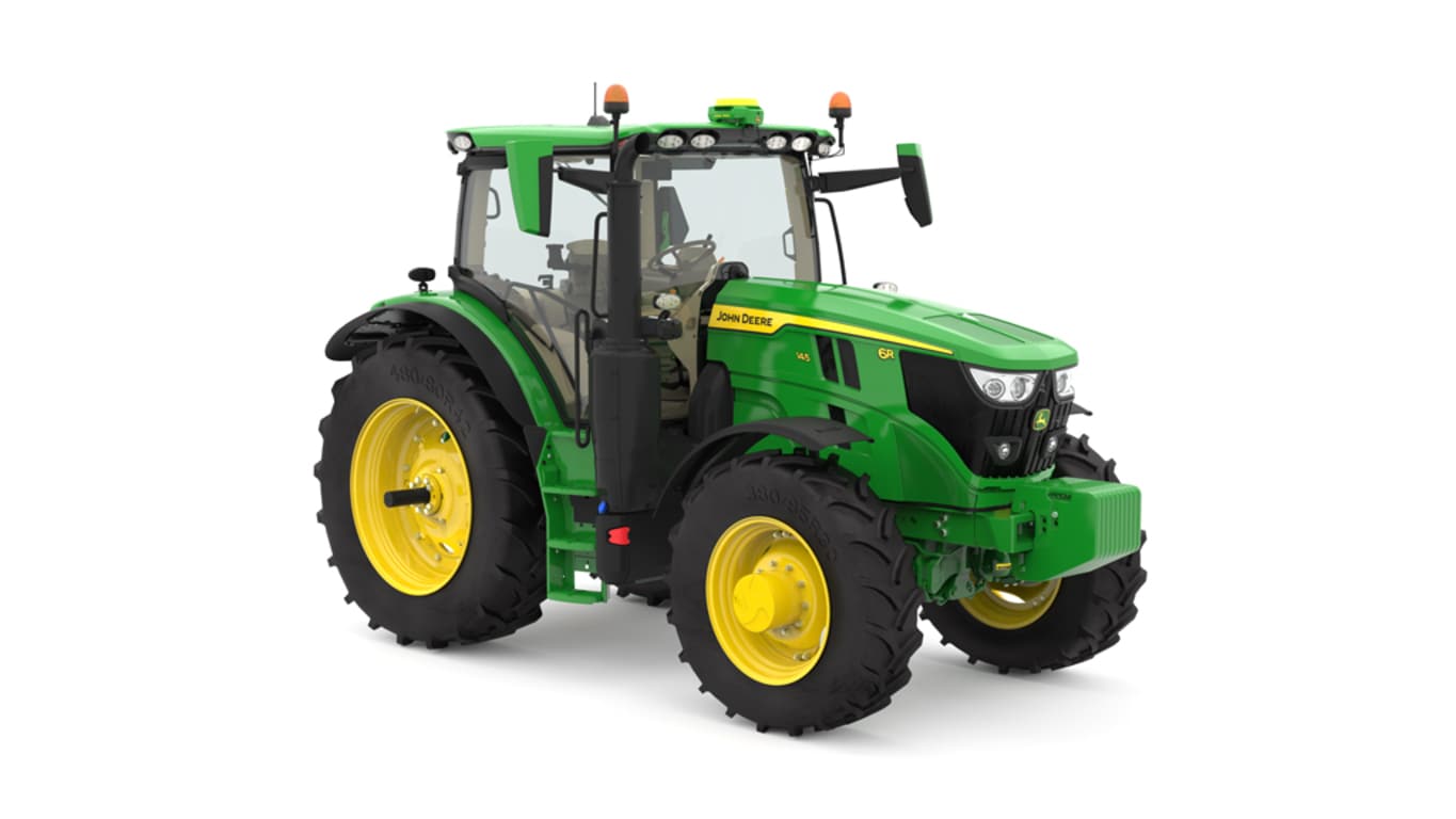 Image prise en studio vu de l'avant droit d'un tracteur pour culture en lignes 6R 145 vert