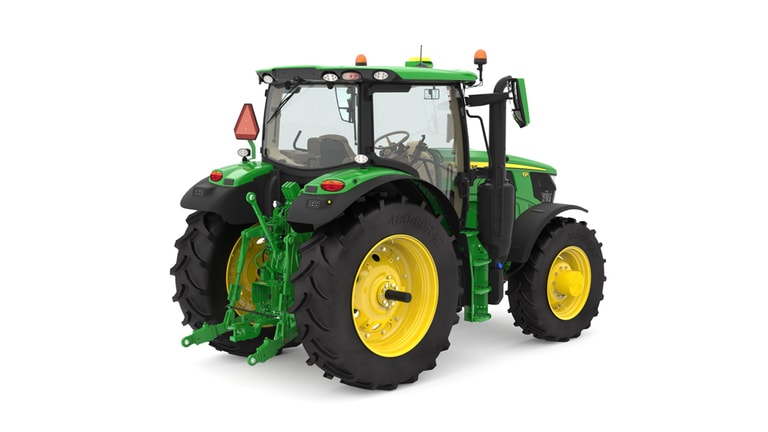 Studio image of the rear right view of a green 6R 145 Row Crop Tractor.