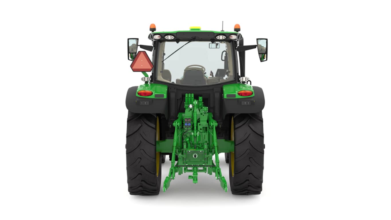 Studio image of the rear view of a green 6R 145 Row Crop Tractor.
