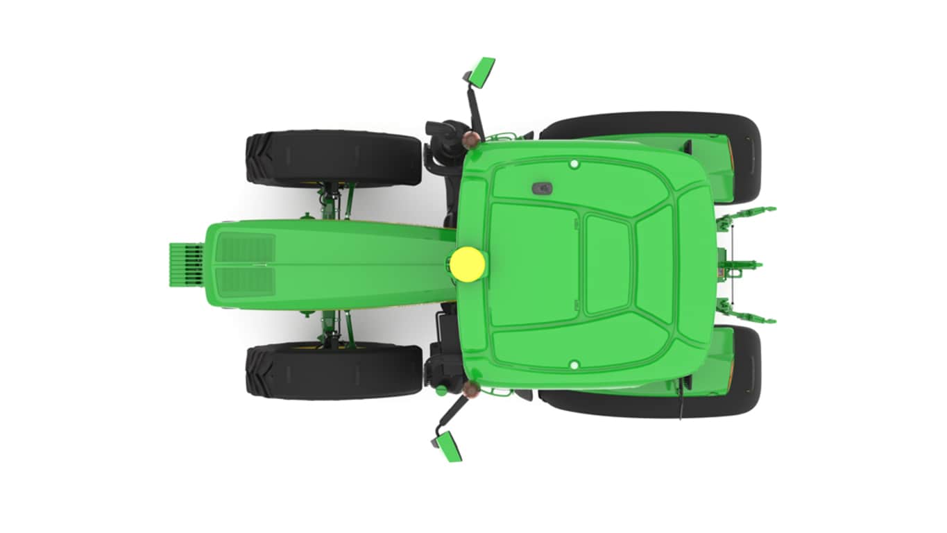 Studio image of the top view of a green 6R 145 Row Crop Tractor.