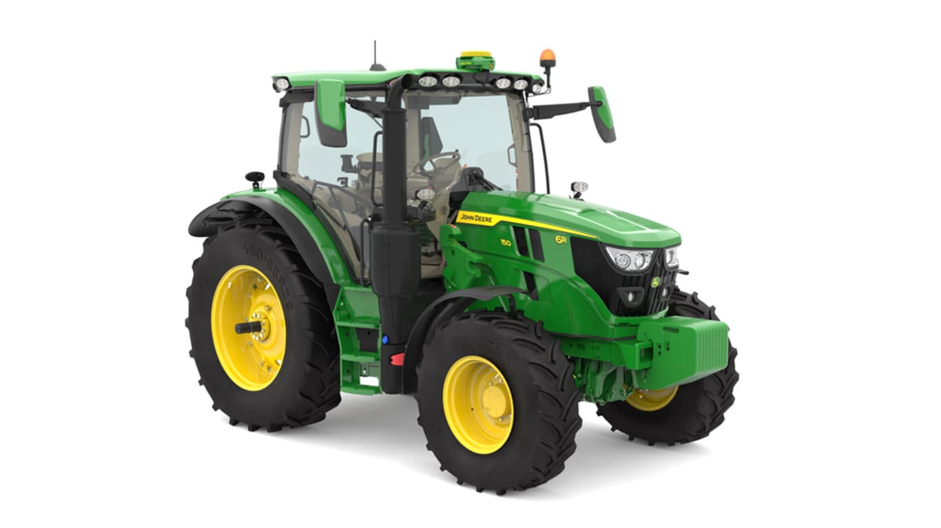 Studio image of the front right side view of a green 6R 150 Utility Tractor.