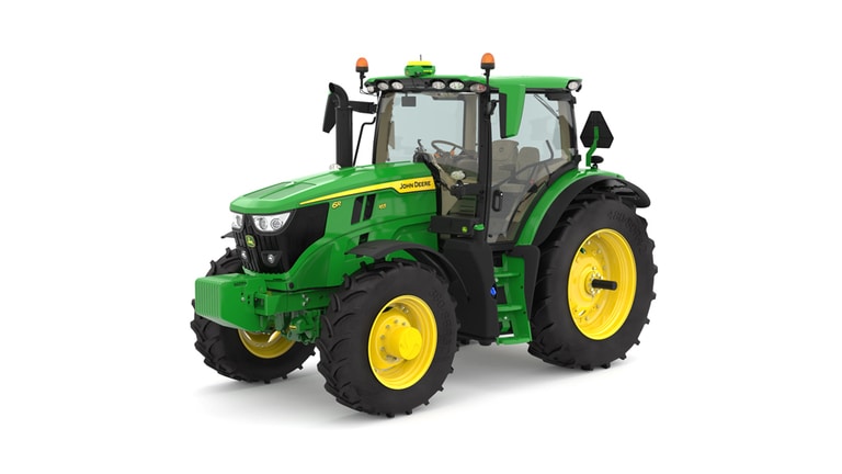 Studio image of the front left side view of a green R6 165 Row Crop Tractor.